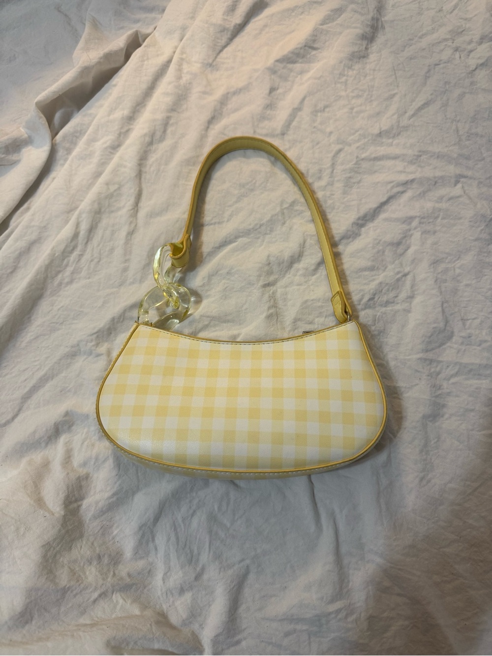 No boundaries yellow gingham purse with braided acrylic handle made in Cambodia